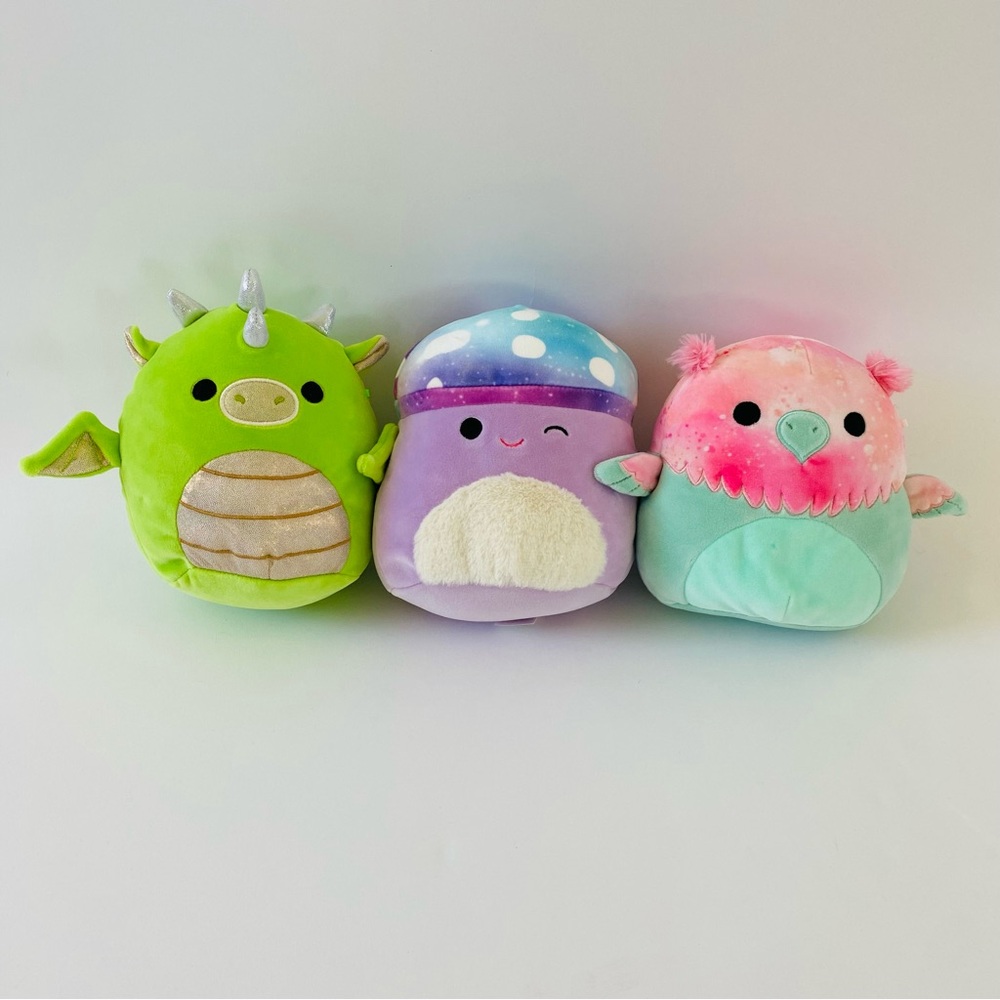 EUC Original Squishmallows Set of THREE Green Dragon, Purple Mushroom, Pink Owl